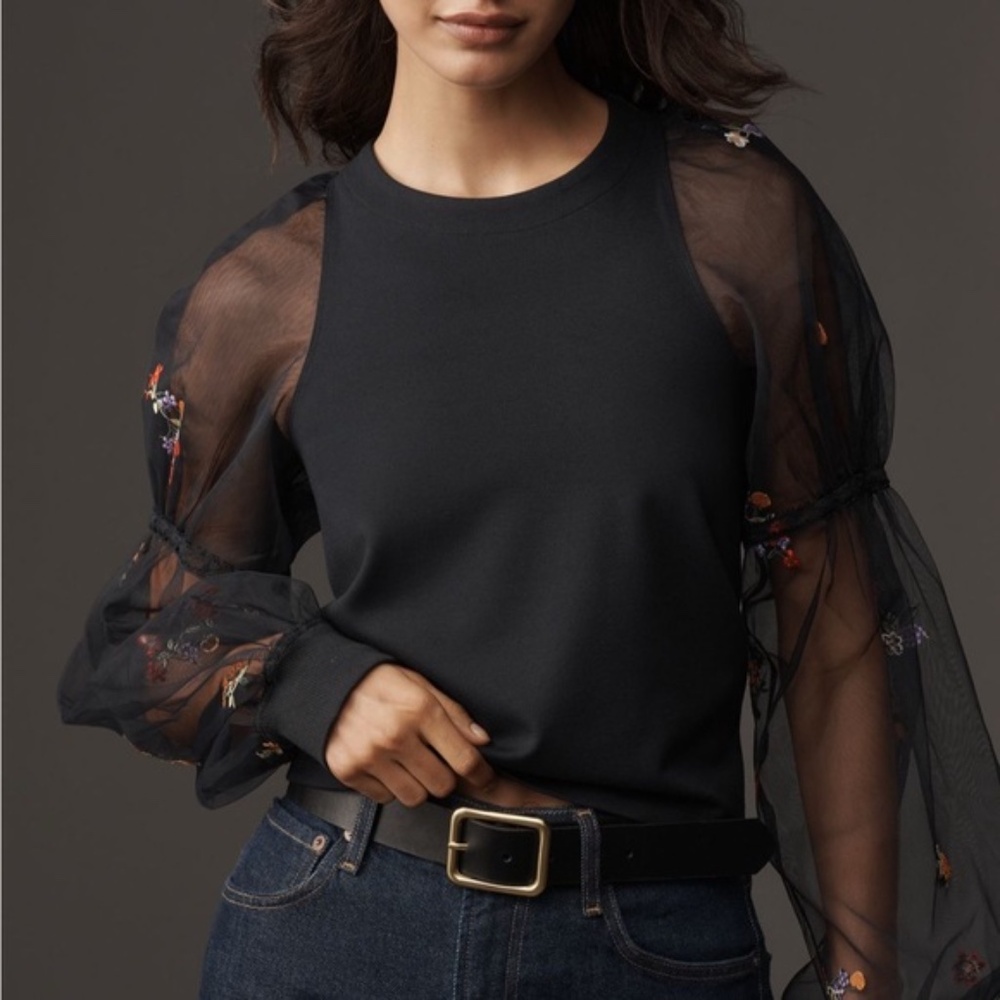 Maeve Embroidered Sheer-Sleeve Pullover